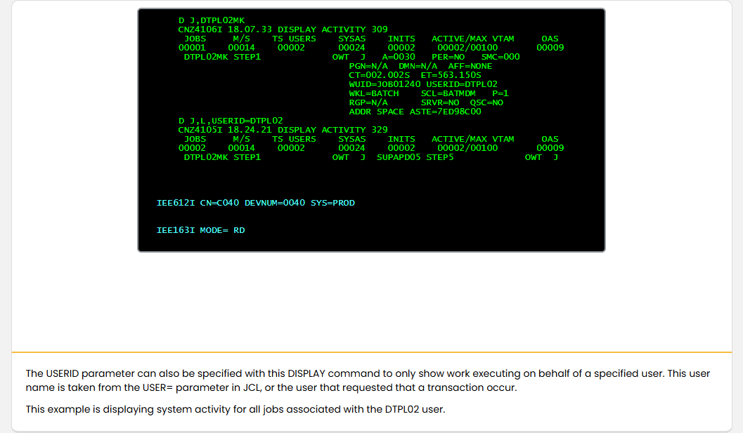顯示作用中的工作、作業與使用者 - DISPLAY 指令的 USERID 篩選 screenshot